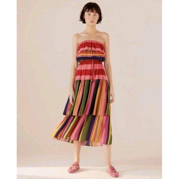 Farm Rio Mixed Stripes Strapless Maxi Dress Women’s Size Medium Multi-Color - Picture 1 of 12